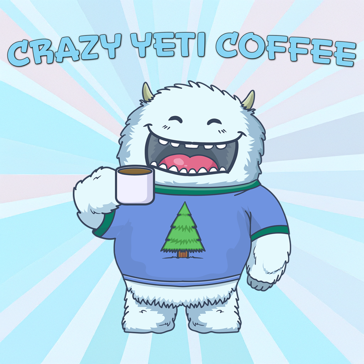 Chibi-style Crazy Yeti Coffee mascot with a colorful background, holding a steaming cup. Perfect gift for coffee and tea lovers! Fresh roasted, full of flavor!