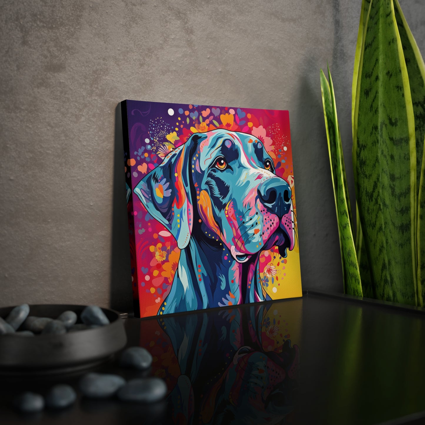 A vibrant burst of colors adorning your walls, depicting the majestic beauty of a Great Dane in all its glory. This canvas print is not just a mere piece of wall art; it's a statement, a tribute to the loyal and loving nature of our canine companions. The intricate details and vivid hues come together to breathe life into any room, transforming it into a space filled with warmth and character. 